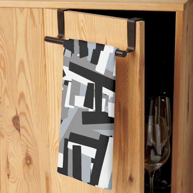 Black White Grey Abstract Geometric Patches Kitchen Towel (Thirds Fold)