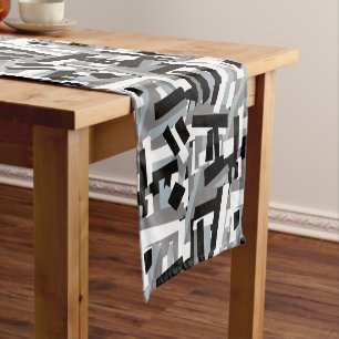 Black White Grey Abstract Geometric Patches Short Table Runner