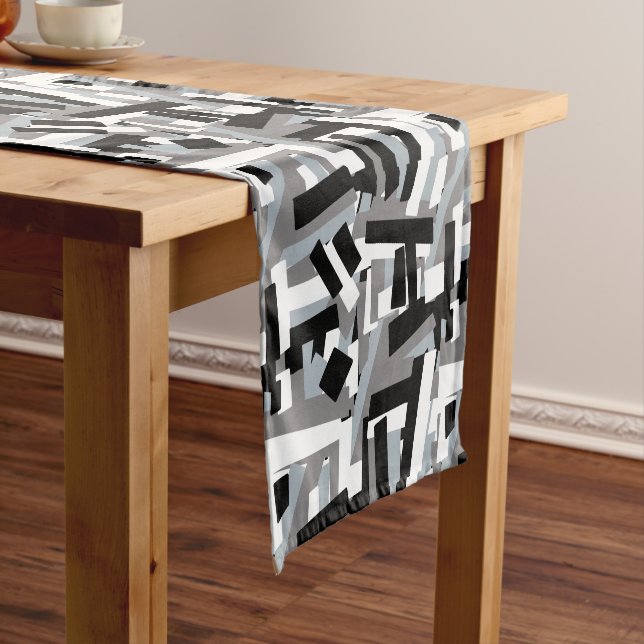 Black White Grey Abstract Geometric Patches Short Table Runner (In Situ)