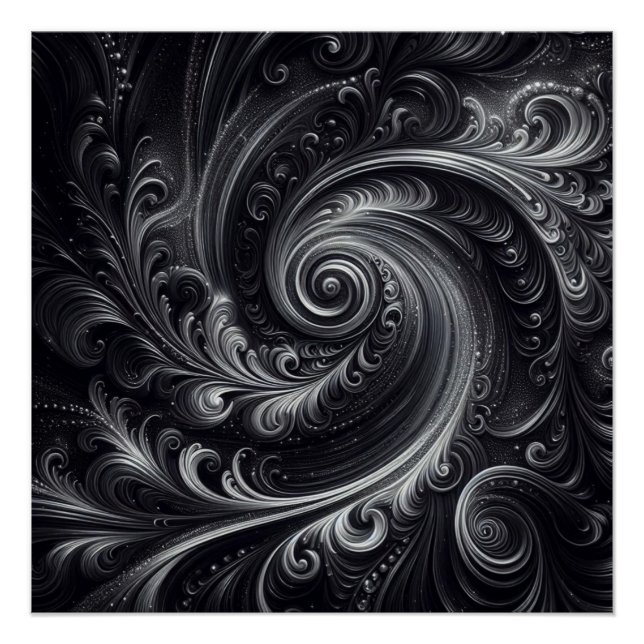 Black White Grey Abstract Modern Simple Swirl Poster (Front)