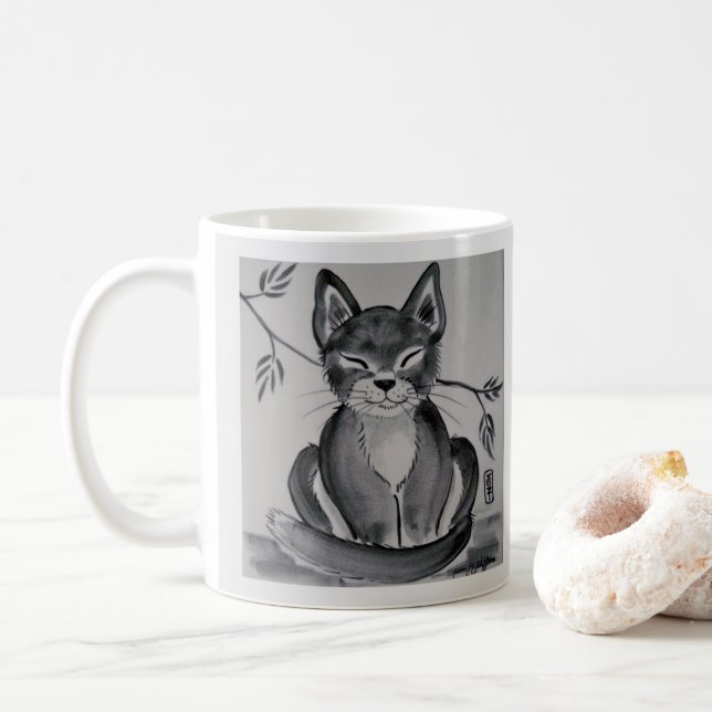 Black & White Grey Alley Cat Oriental Design Cute Coffee Mug (With Donut)