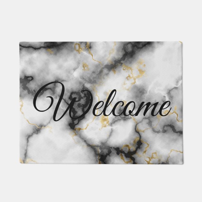 Black White Grey and Gold Marble Pattern Doormat (Front)