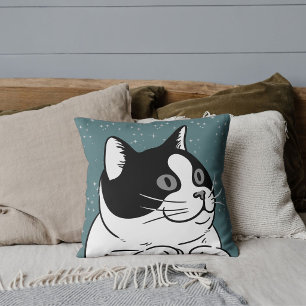 Black White Grey Animal Cat Modern Colourful Blue Throw Pillow