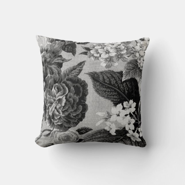 Black & White Grey Botanical Floral Toile No.1 Throw Pillow (Front)