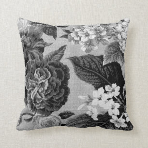 Black & White Grey Botanical Floral Toile No.1 Throw Pillow