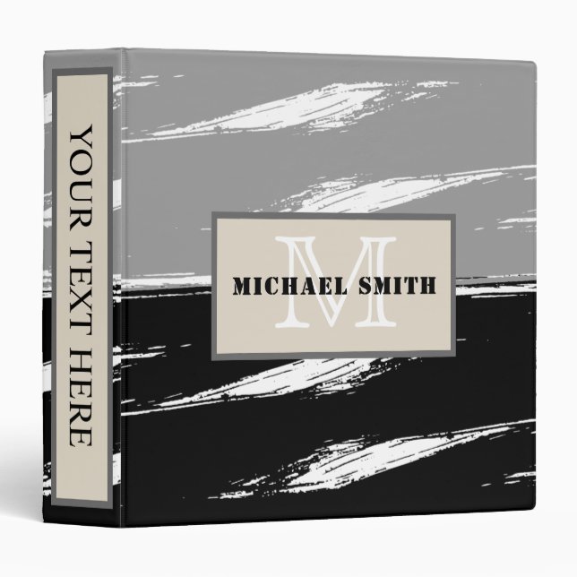 Black White Grey Brush Stroke Monogram Binder (Front/Spine)