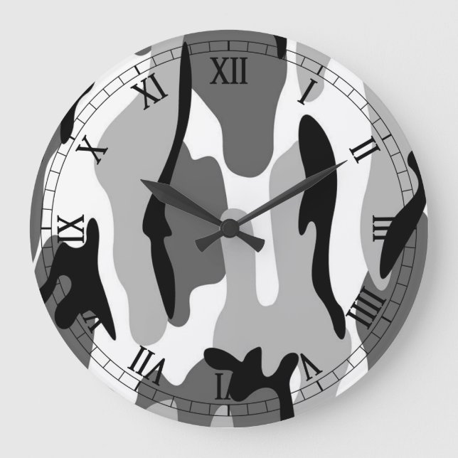Black White Grey Camouflage Roman Numerals Clock (Front)
