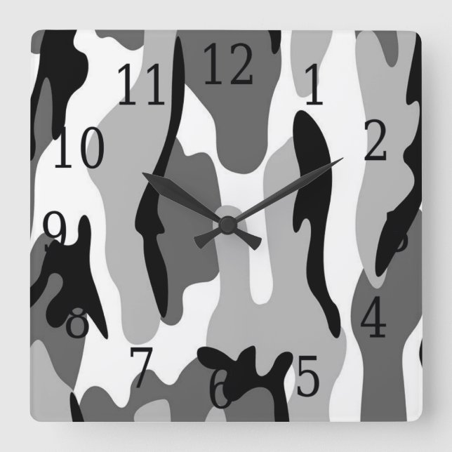 Black White Grey Camouflage Square Clock (Front)