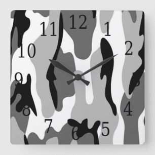 Black White Grey Camouflage Square Clock
