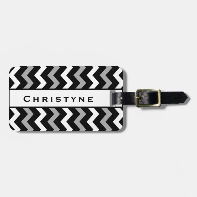 Black White & Grey Chevron Print Pattern Luggage Tag (Front Horizontal)
