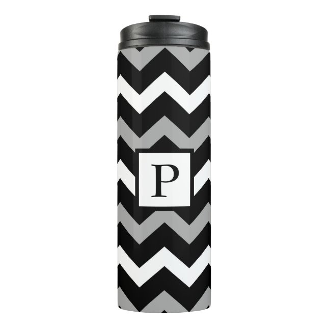 Black White & Grey Chevron Print Pattern Thermal Tumbler (Front)