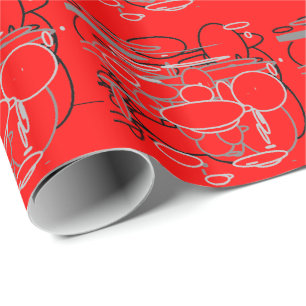 Black White Grey Circles, Neon Red Background Art Wrapping Paper