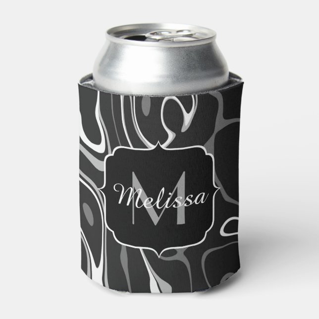 Black white grey damascus abstract swirls Monogram Can Cooler (Can Front)
