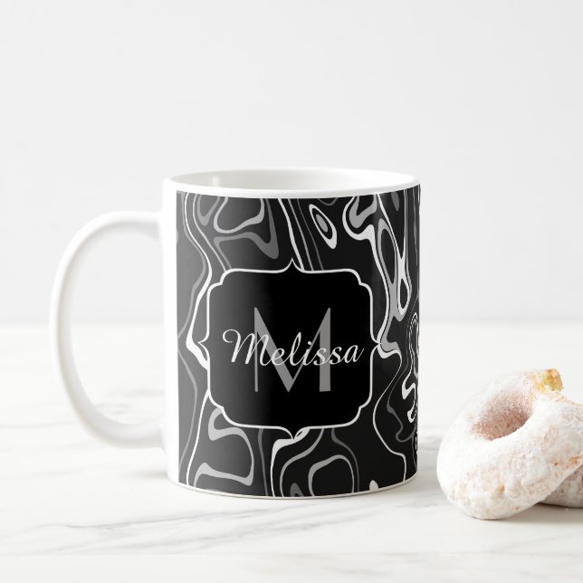 Black white grey damascus abstract swirls Monogram Coffee Mug (With Donut)