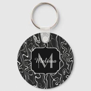 Black white grey damascus abstract swirls Monogram Keychain