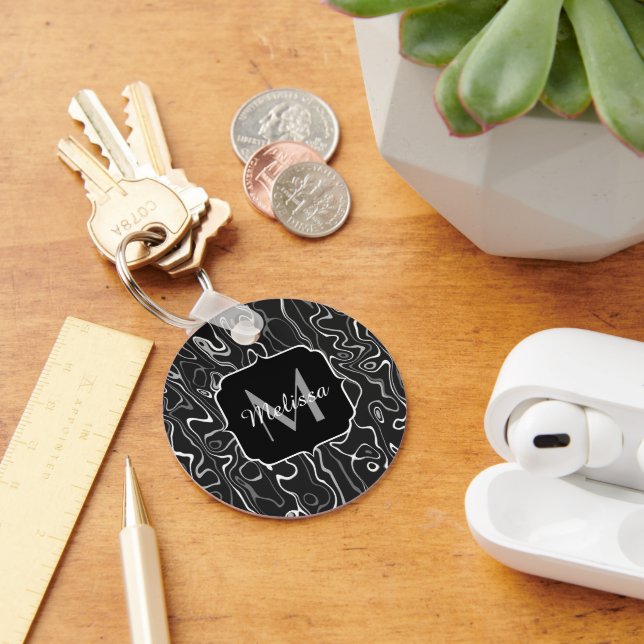 Black white grey damascus abstract swirls Monogram Keychain (Desk)