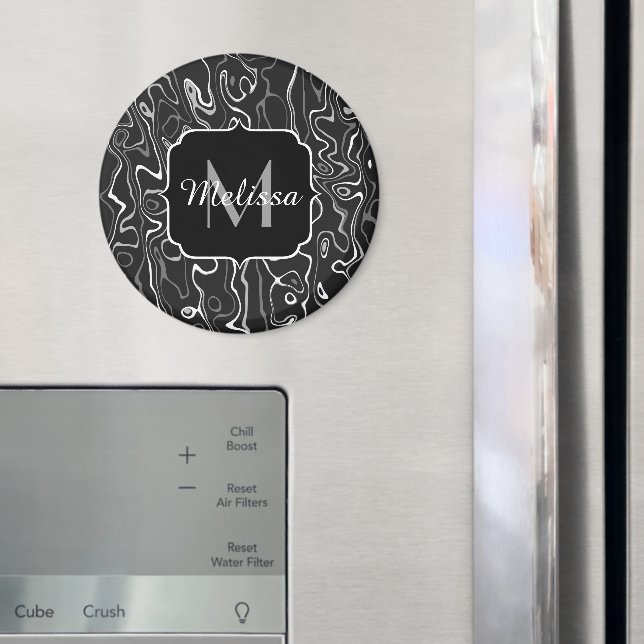 Black white grey damascus abstract swirls Monogram Magnet (In Situ (Fridge))