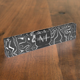 Black white grey damascus abstract swirls Monogram Nameplate