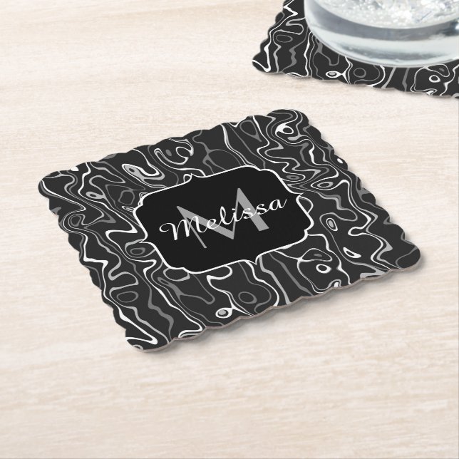 Black white grey damascus abstract swirls Monogram Paper Coaster (Angled)