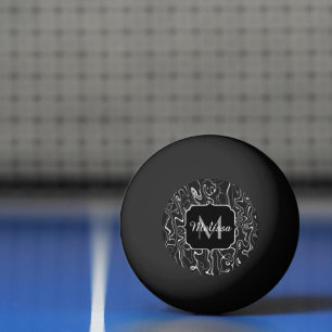 Black white grey damascus abstract swirls Monogram Ping Pong Ball