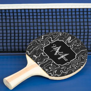 Black white grey damascus abstract swirls Monogram Ping Pong Paddle