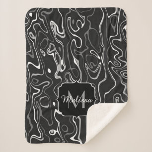 Black white grey damascus abstract swirls Monogram Sherpa Blanket