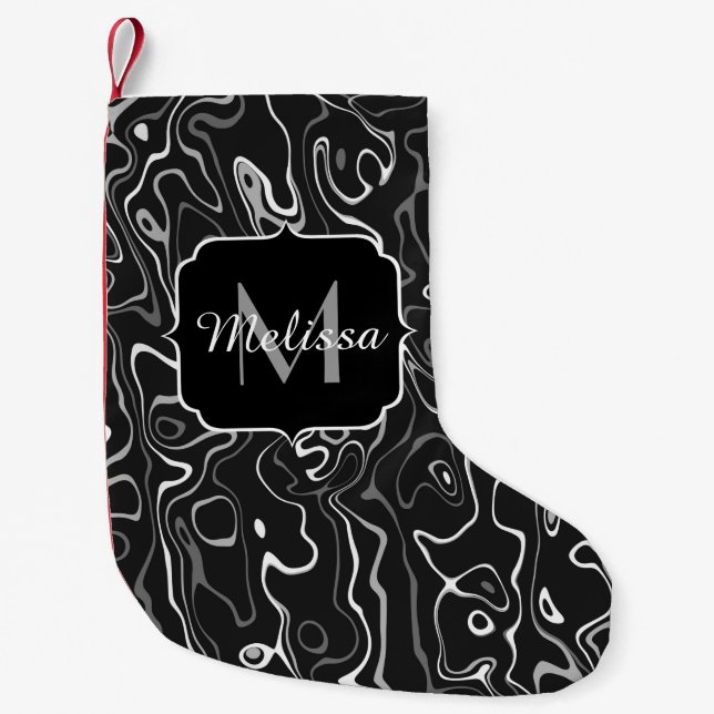 Black white grey damascus abstract swirls Monogram Small Christmas Stocking (Front)