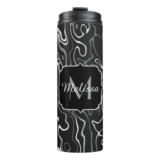 Black white grey damascus abstract swirls Monogram Thermal Tumbler (Front)