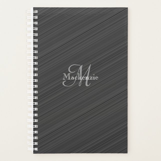 Black White Grey Diagonal Stripes Custom Monogram Planner (Front)