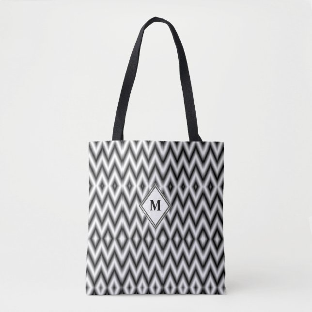 Black White Grey Diamond Pattern Monogram Template Tote Bag (Front)