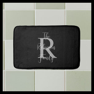 Black White Grey Family Name Classic Monogrammed Bath Mat