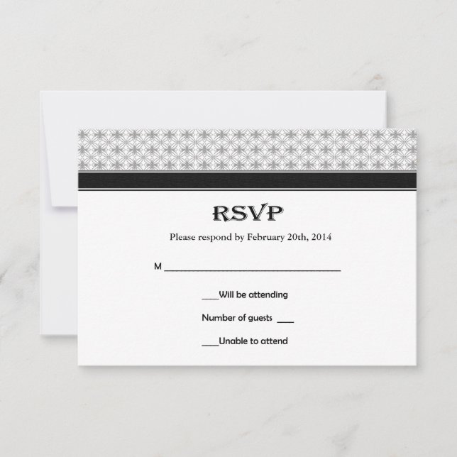 Black White Grey Fleur de Lis Wedding RSVP Cards (Front)