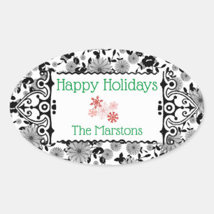 Black White Grey Florals Design Customizable Oval Sticker