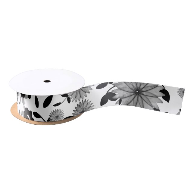 Black White Grey Florals Design Satin Ribbon (Spool)