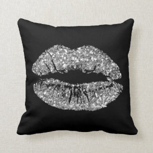 Black White Grey Glitter Kiss Lips Makeup Sparkly Throw Pillow