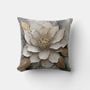 Black White Grey Gold Flower Print Throw Pillow