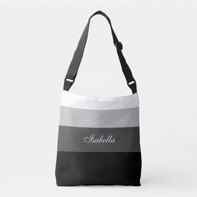 Black White Grey Gradient Stripes & Calligraphy Crossbody Bag (Front)