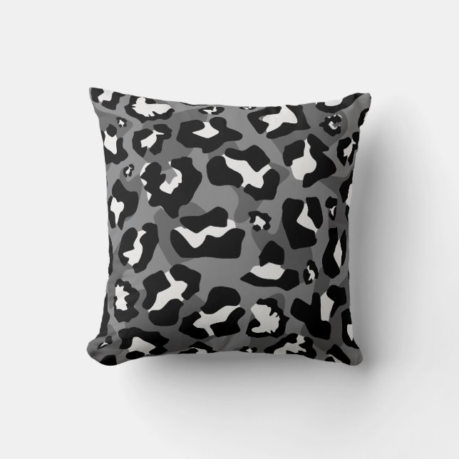 Black, white, grey leopard animal print pattern throw pillow (Front)