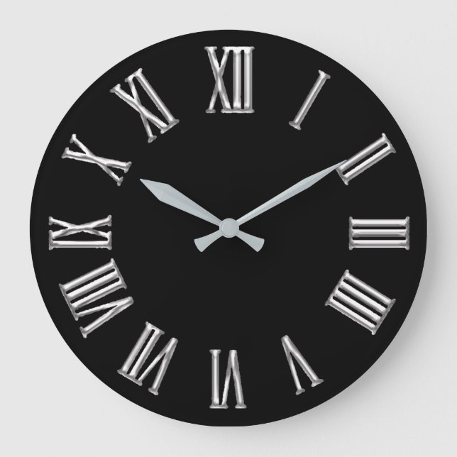 Black White Grey Metal Minimal Silver Roman Number Large Clock (Front)