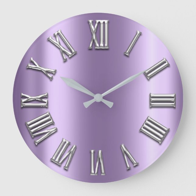 Black White Grey Metal Purple Silver Roman Number Large Clock (Front)