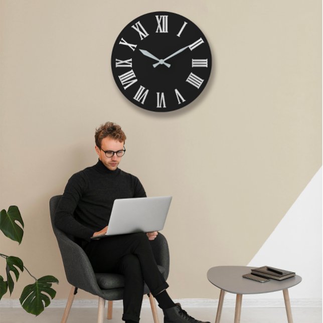 Black White Grey Metallic Silver Roman Numbers Large Clock (Black White Gray Metallic Silver Roman Numbers Large Clock)
