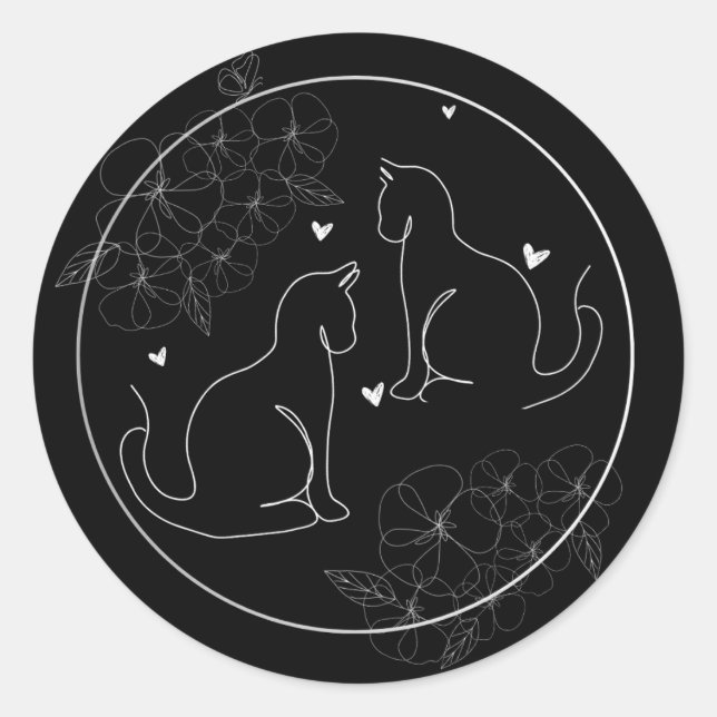 Black White Grey Minimal Drawn Floral Cat Sticker (Front)