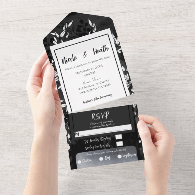 Black White Grey Modern Minimal Floral Wedding All In One Invitation (Tearaway)