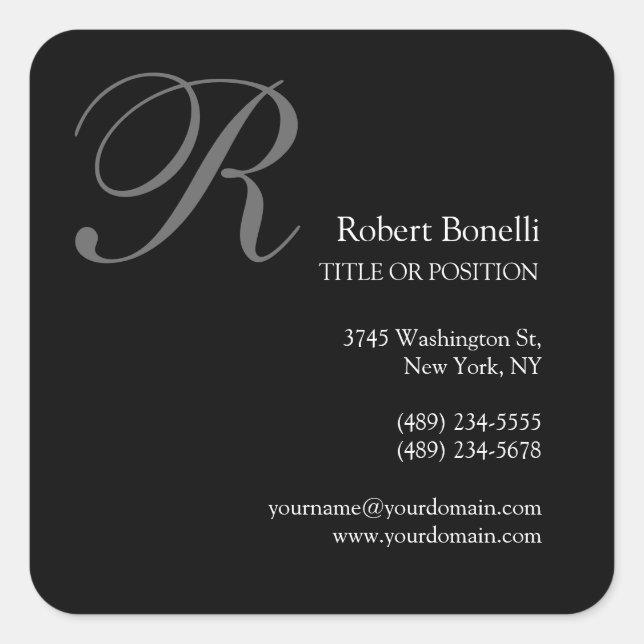 Black White Grey Monogram Business Card Square Sticker (Front)