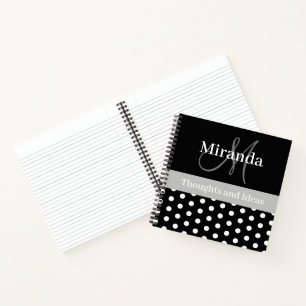 Black White Grey Monogram Script Polka Dots Notebook
