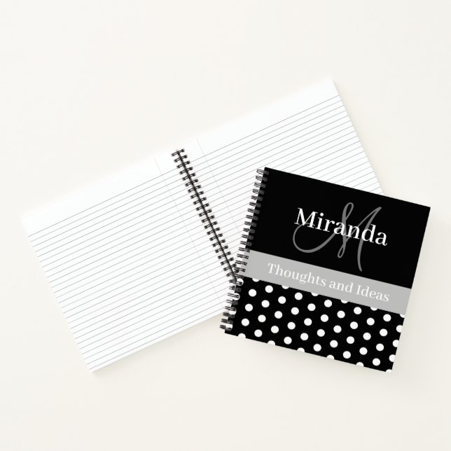 Black White Grey Monogram Script Polka Dots Notebook (Inside)