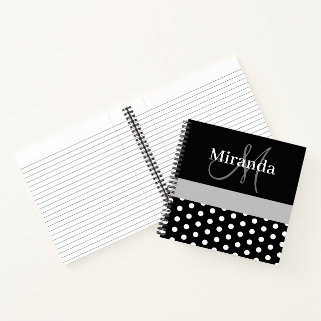 Black White Grey Monogram Script Polka Dots Notebook (Inside)
