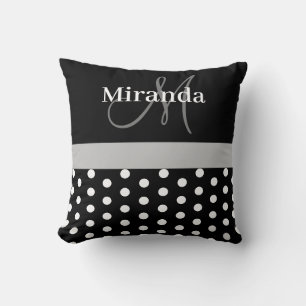 Black White Grey Monogram Script Polka Dots Throw Pillow