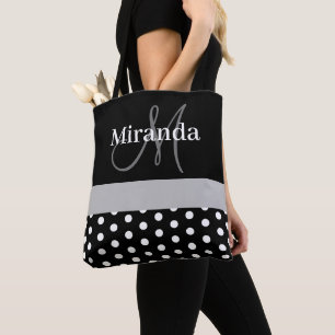 Black White Grey Monogram Script Polka Dots Tote Bag