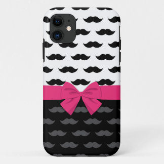 black white grey moustache stache hot pink bow iPhone 11 case